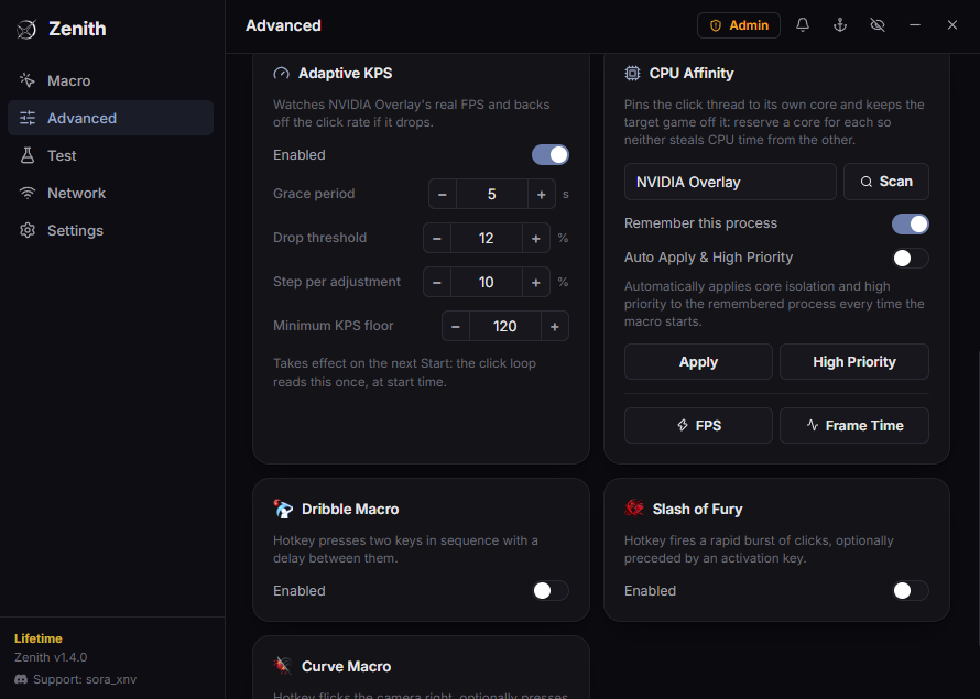 Zenith Advanced panel: Adaptive KPS, CPU Affinity and ability macros