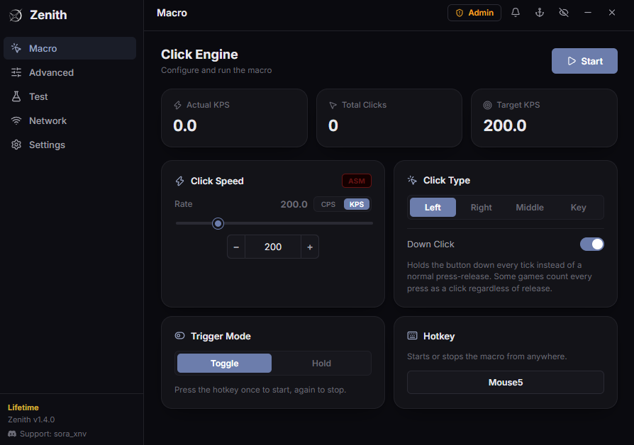 Zenith Macro panel: click engine, speed, type and hotkey controls