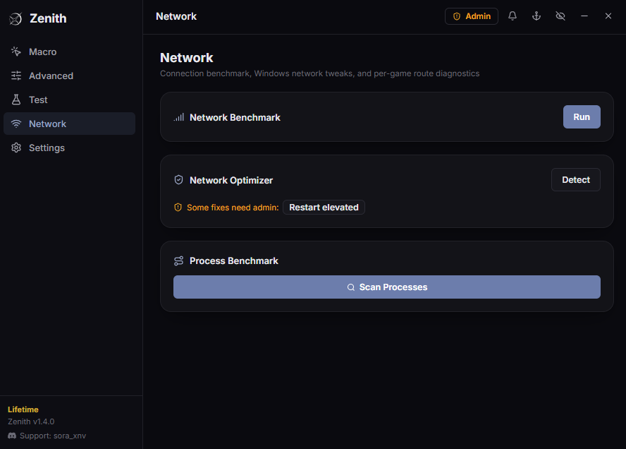 Zenith Network panel: benchmark, optimizer and process scan