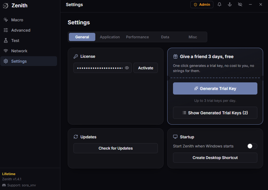Zenith Settings panel: license, updates and startup options
