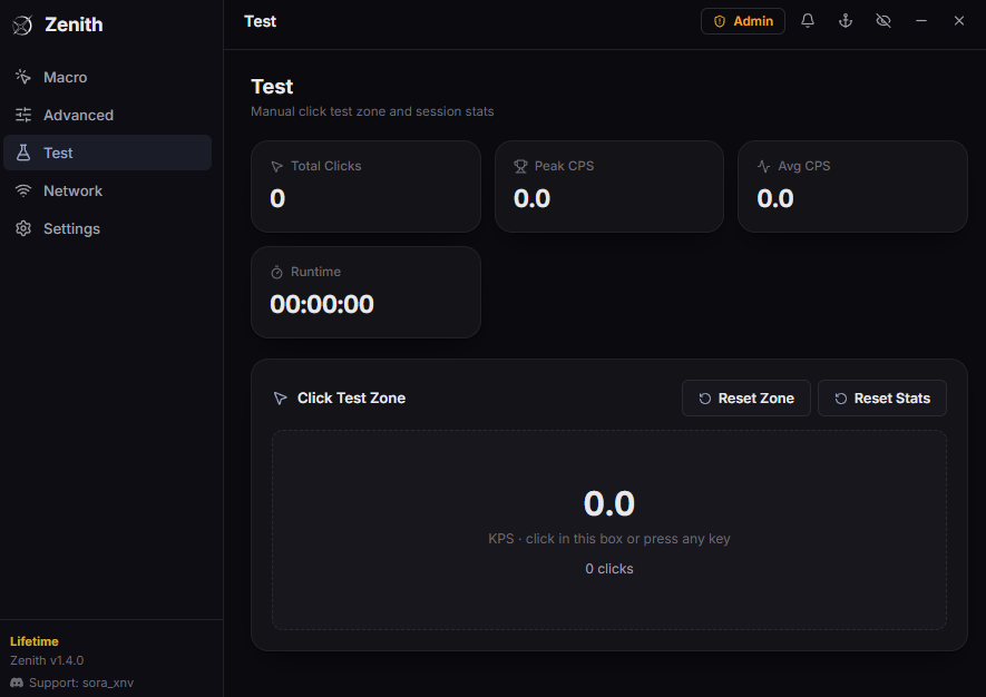 Zenith Test panel: click test zone and live session stats